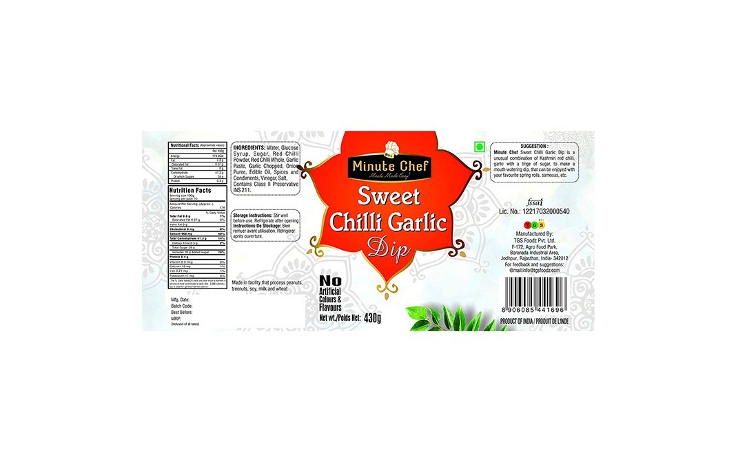 Minute Chef Sweet Chiili Garlic Dip    Glass Jar  430 grams